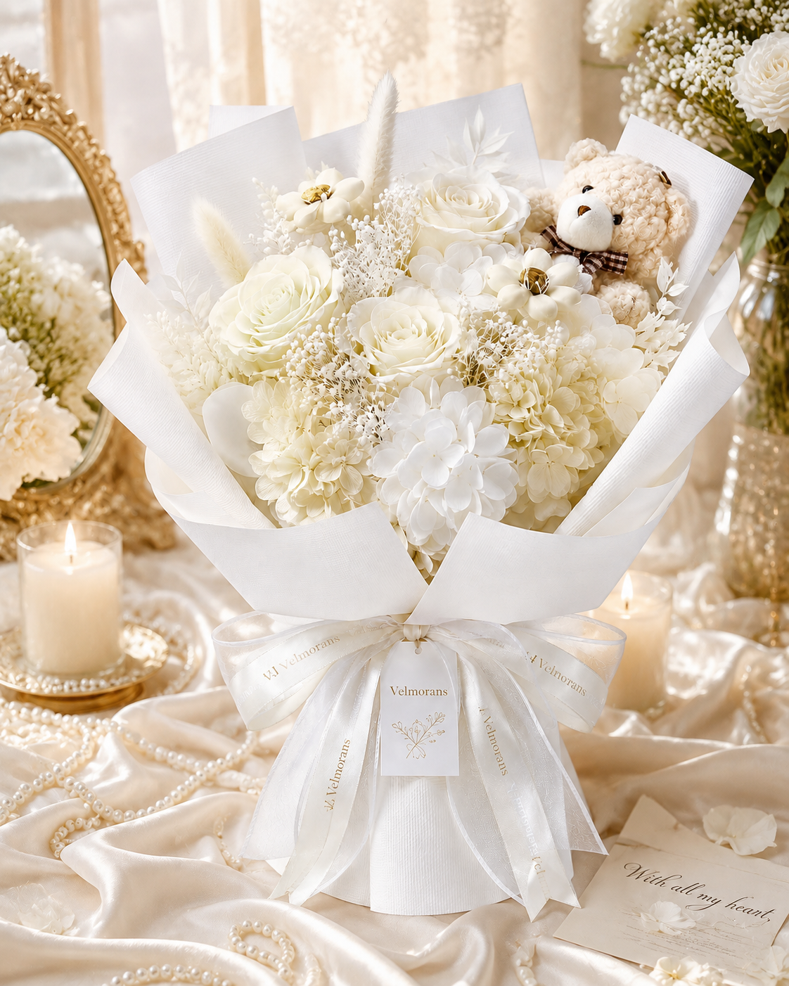 Velmorans Artificial Rose Bouquet with Teddy Bear, 13.4 x 8.86 x 10.43 Inches