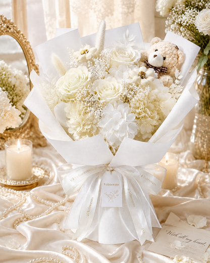 Velmorans Artificial Rose Bouquet with Teddy Bear, 13.4 x 8.86 x 10.43 Inches