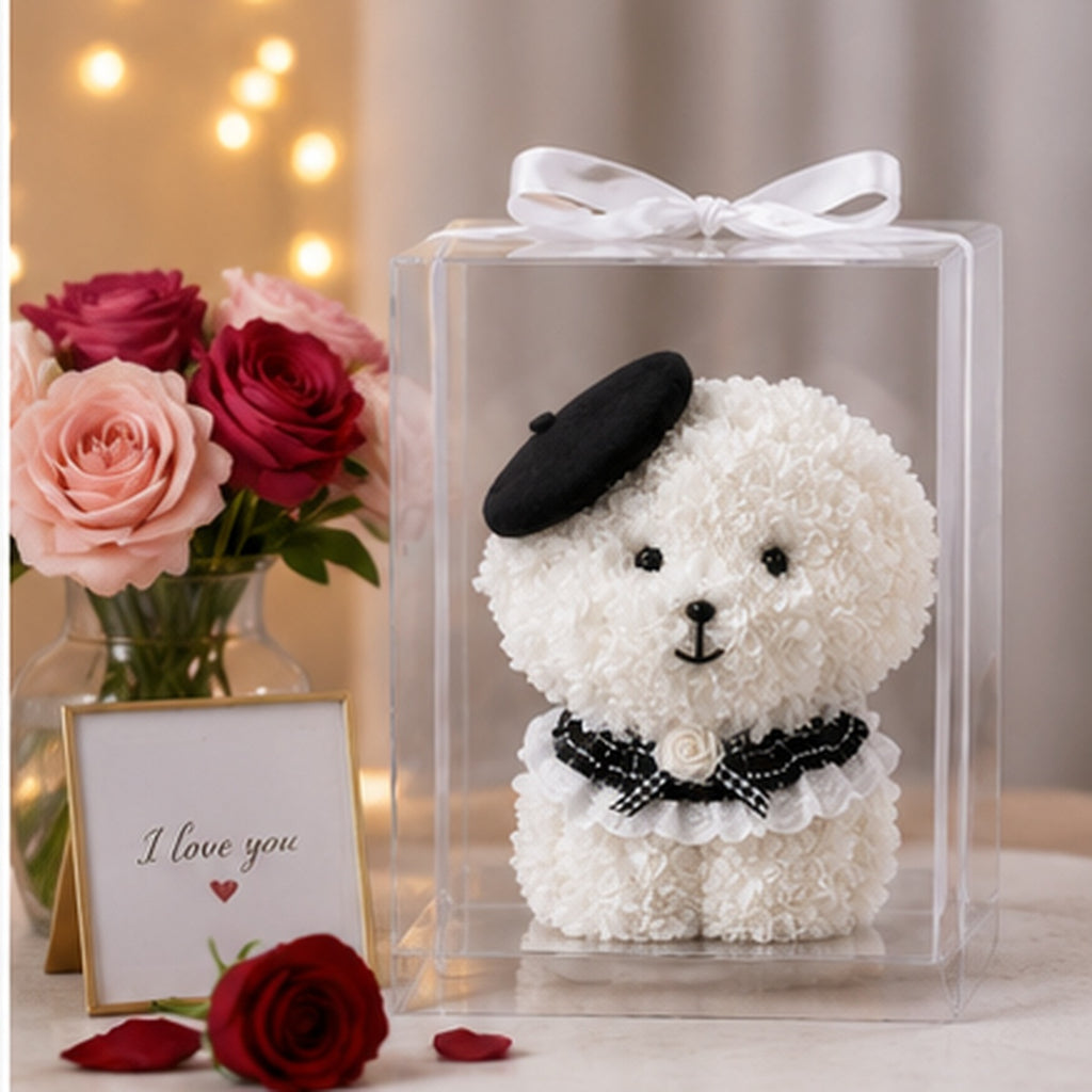 Floral Puppy Gift with Transparent Display Box, 15 Inch Decorative Flower Dog for Birthday, Anniversary, Valentine’s Day and Mother’s Day
