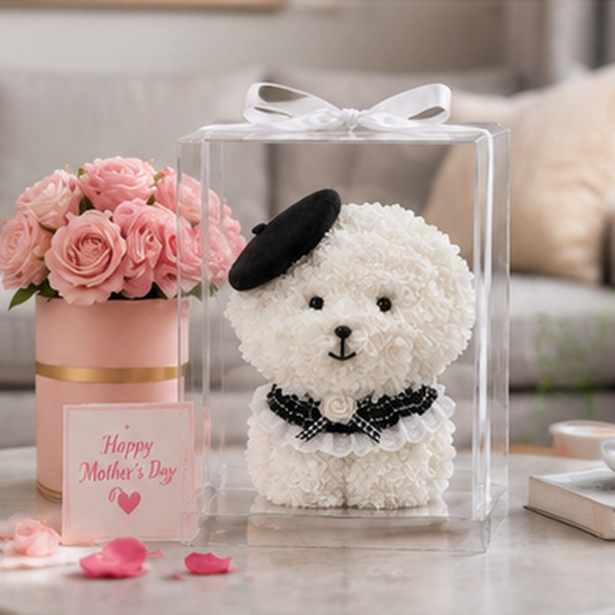 Floral Puppy Gift with Transparent Display Box, 15 Inch Decorative Flower Dog for Birthday, Anniversary, Valentine’s Day and Mother’s Day