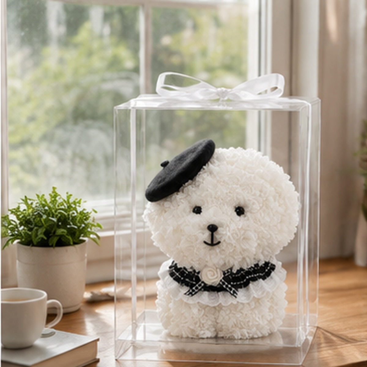 Floral Puppy Gift with Transparent Display Box, 15 Inch Decorative Flower Dog for Birthday, Anniversary, Valentine’s Day and Mother’s Day