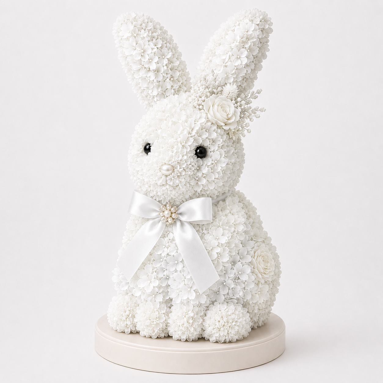 Elegant Floral Bunny Sculpture with Satin Bow, Romantic Preserved Flower Gift for Her