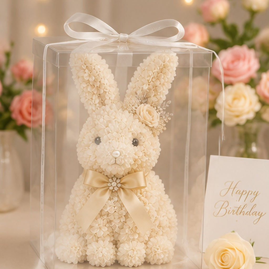 Elegant Floral Bunny Sculpture with Satin Bow, Romantic Preserved Flower Gift for Her