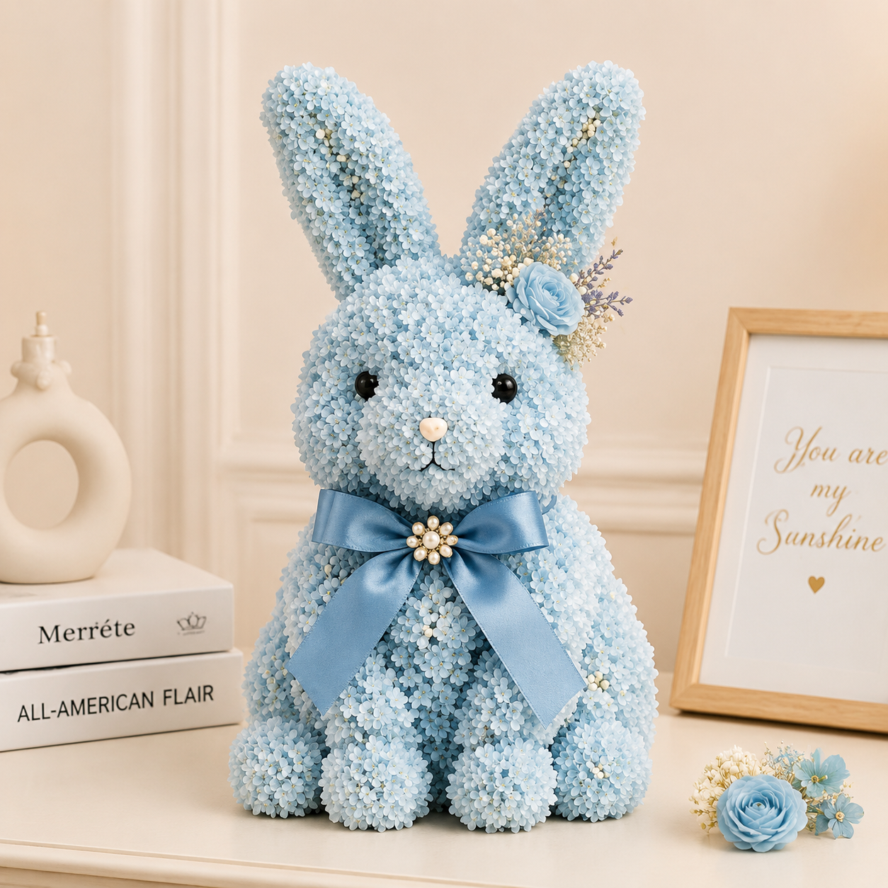 Elegant Floral Bunny Sculpture with Satin Bow, Romantic Preserved Flower Gift for Her