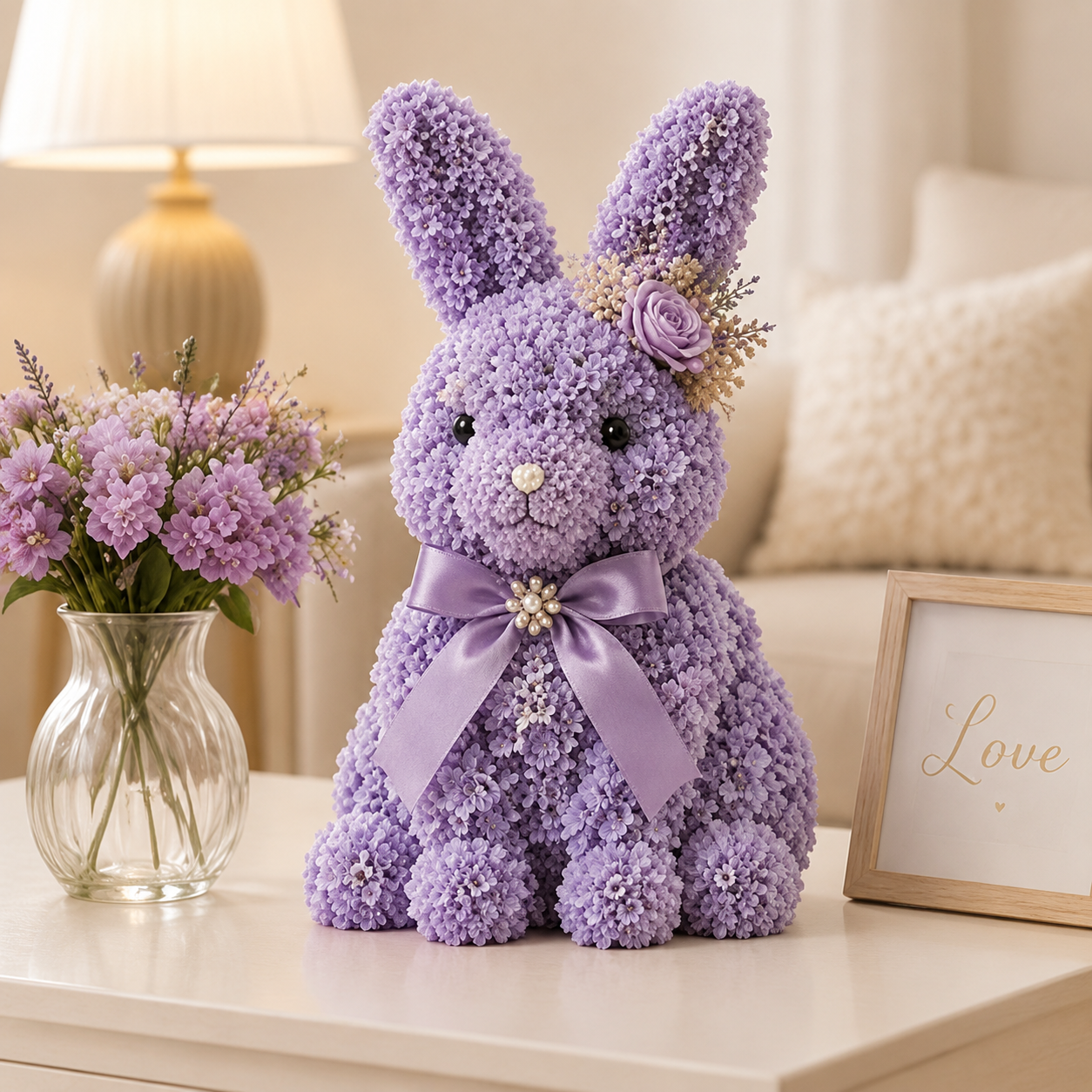 Elegant Floral Bunny Sculpture with Satin Bow, Romantic Preserved Flower Gift for Her