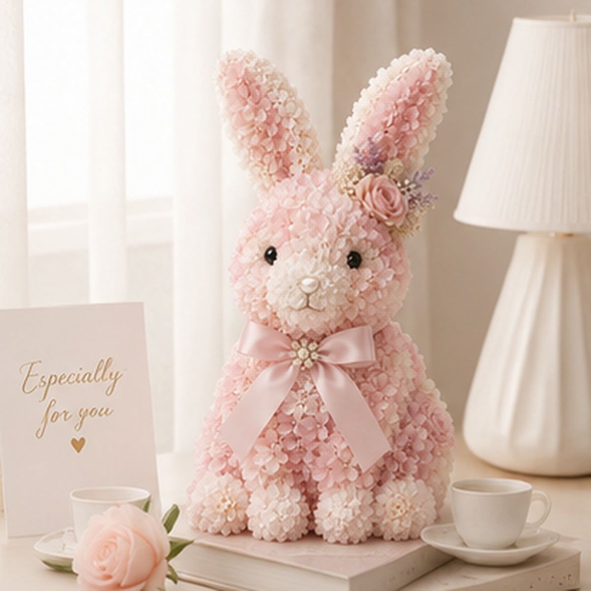 Elegant Floral Bunny Sculpture with Satin Bow, Romantic Preserved Flower Gift for Her
