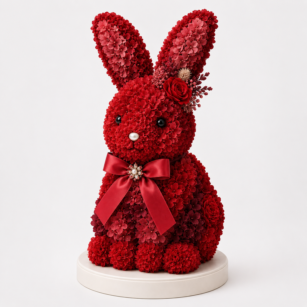 Elegant Floral Bunny Sculpture with Satin Bow, Romantic Preserved Flower Gift for Her