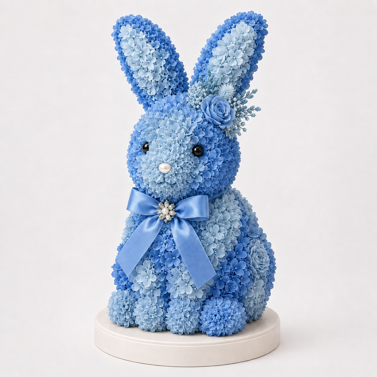 Elegant Floral Bunny Sculpture with Satin Bow, Romantic Preserved Flower Gift for Her