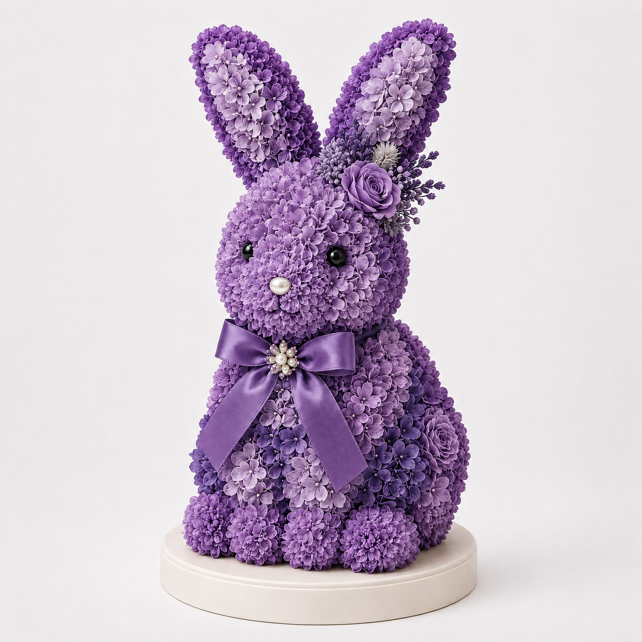 Elegant Floral Bunny Sculpture with Satin Bow, Romantic Preserved Flower Gift for Her