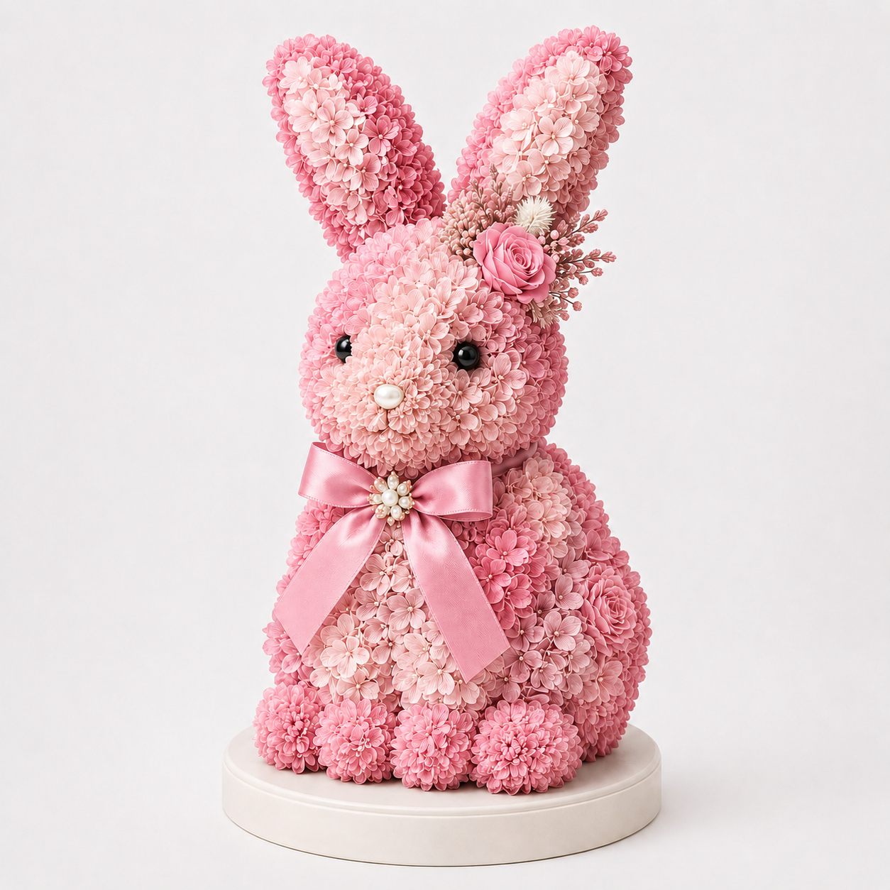 Elegant Floral Bunny Sculpture with Satin Bow, Romantic Preserved Flower Gift for Her