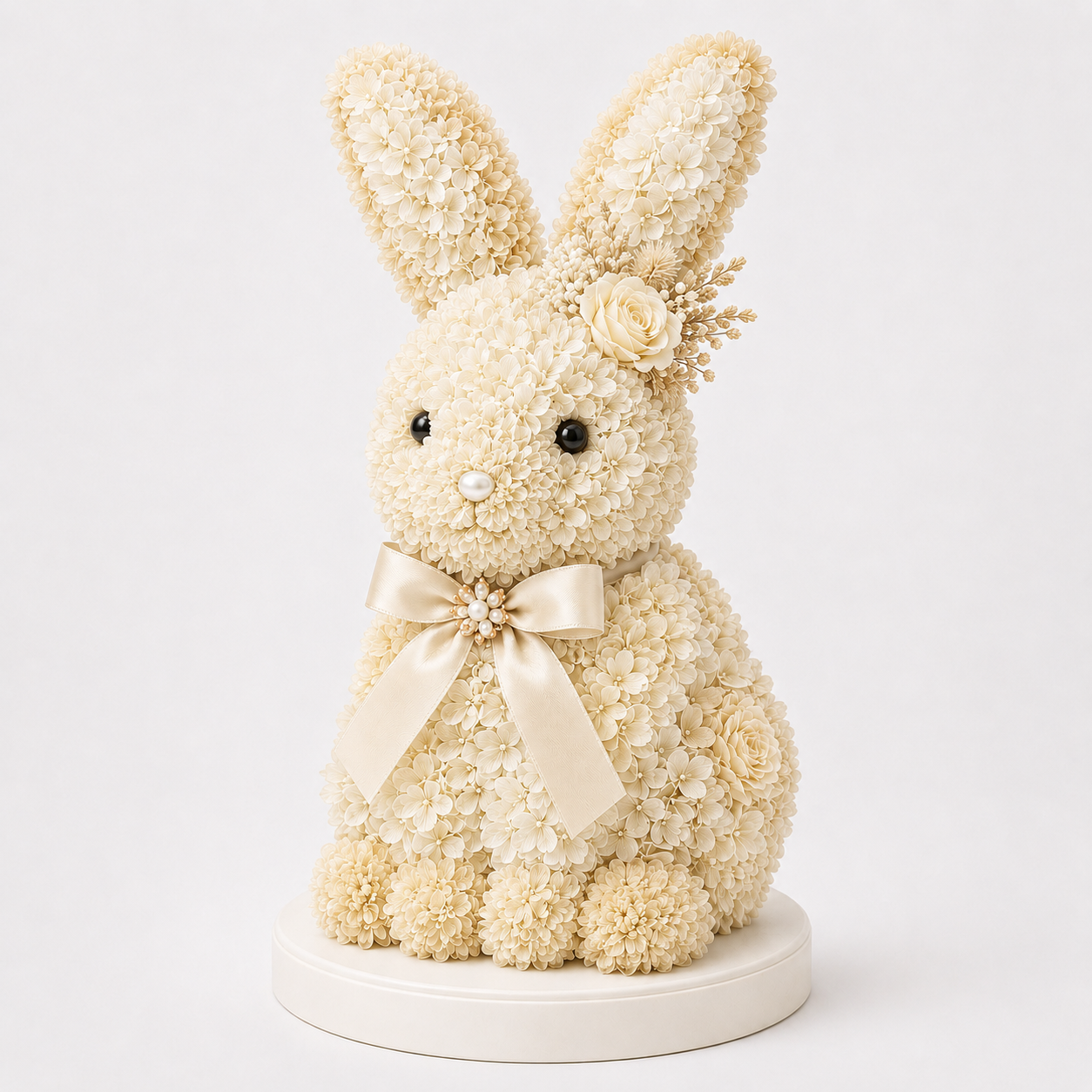Elegant Floral Bunny Sculpture with Satin Bow, Romantic Preserved Flower Gift for Her